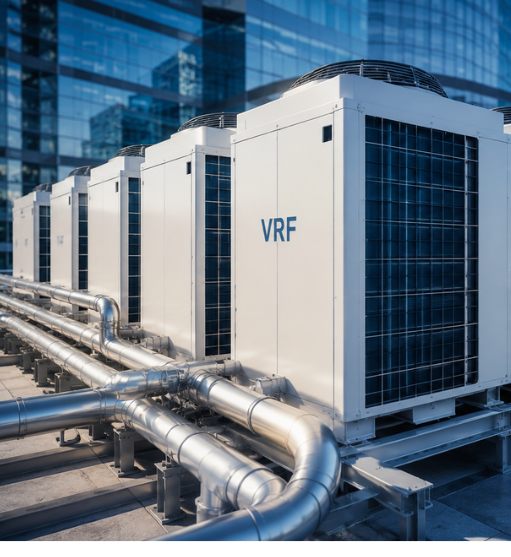 Condensadoras VRF modulares instaladas na cobertura de um edifício comercial